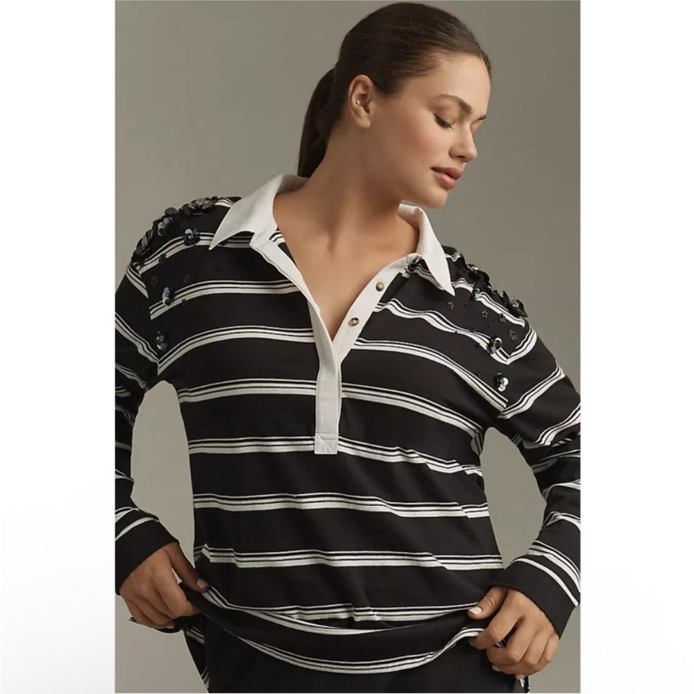 Maeve For Anthropologie It Girl Floral Sequin Striped Polo Top Size Small Casual
